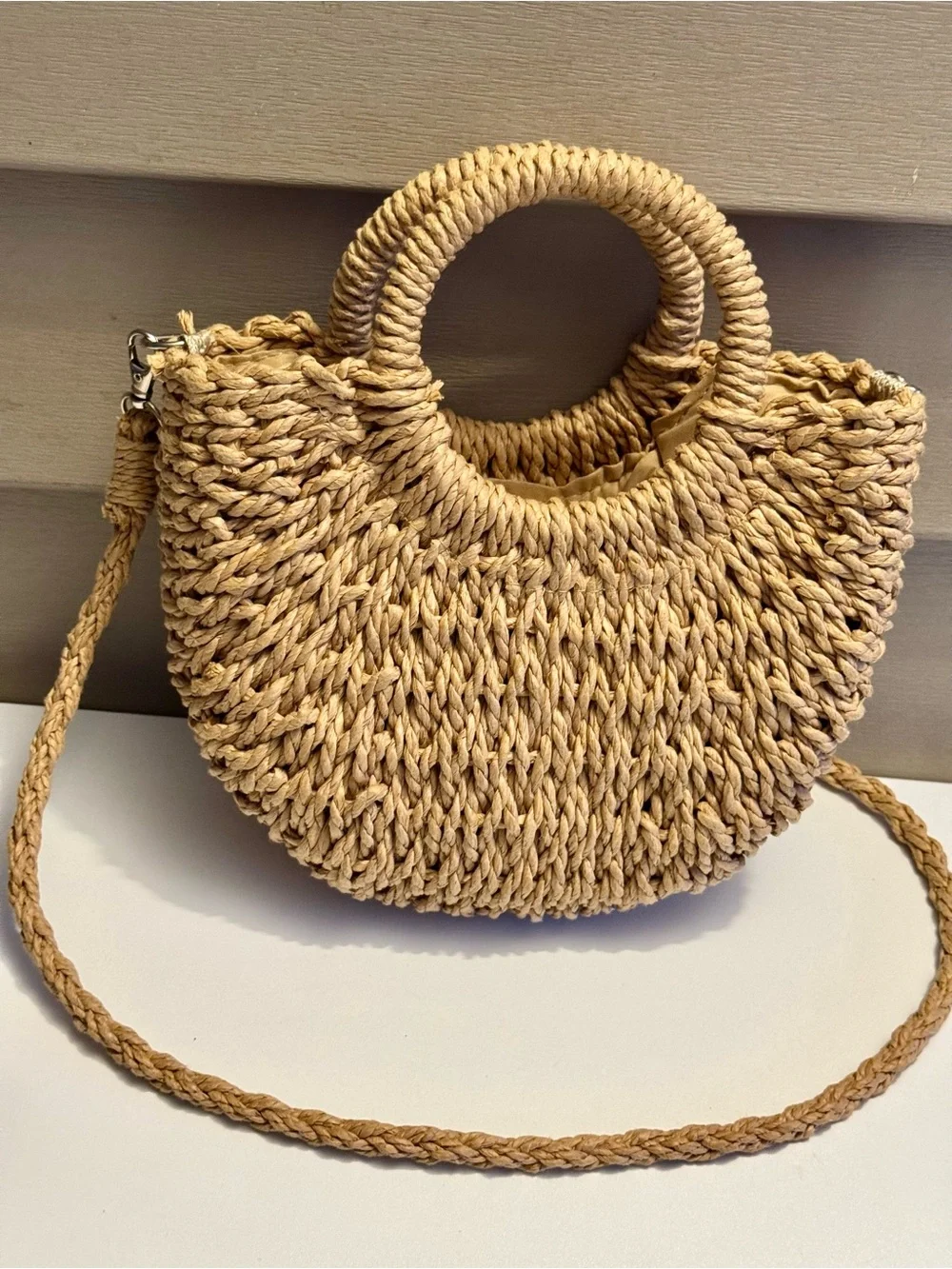 Woven Straw Crescent Tote Bag - Natural
